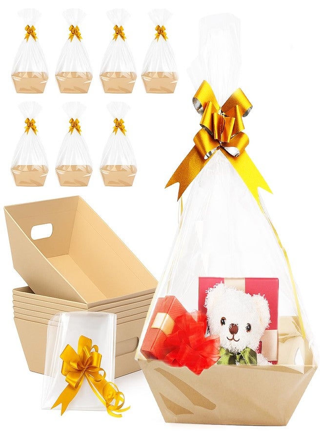 SHANDERBAR 12 Pack Baskets for Gifts Empty, 10 x 7 x 3” Kraft Empty Gift Basket to Fill with 16 Cellophane Bags & 16 Pull Bows, Gift Baskets Bulk with Cellophane Wrap Set for Valentine’s Day, Christmas, Easter - Image 1